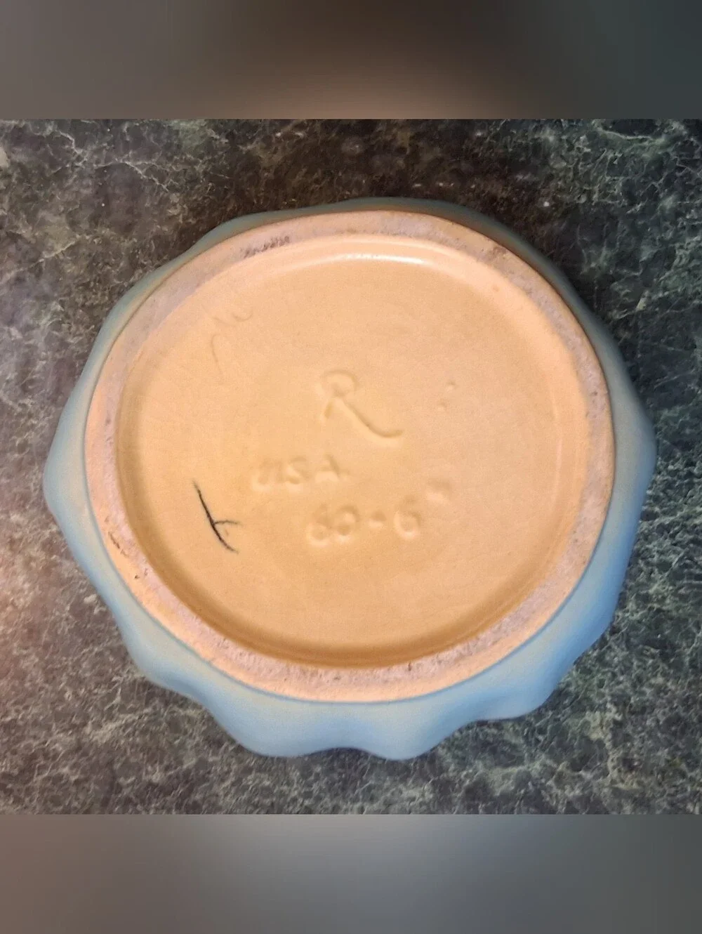 RARE Vintage Roseville Pottery Ruffled Bowl 60-6  Peach, Blue – C:1933